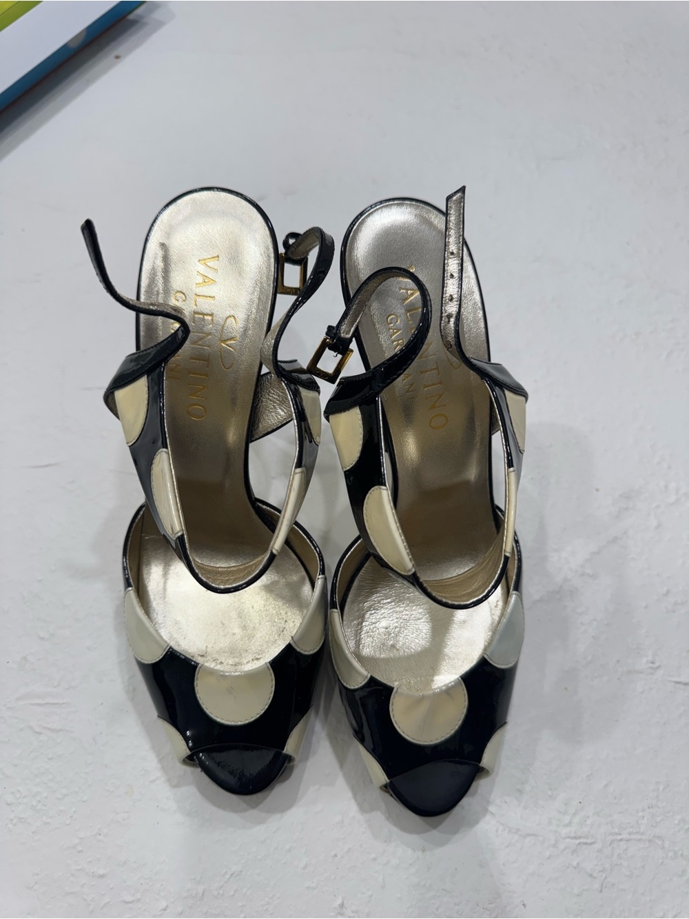 Valentino Black and Cream Polka-Dot Slingback Heels